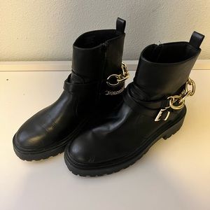 ASOS biker booties with gold chain detail